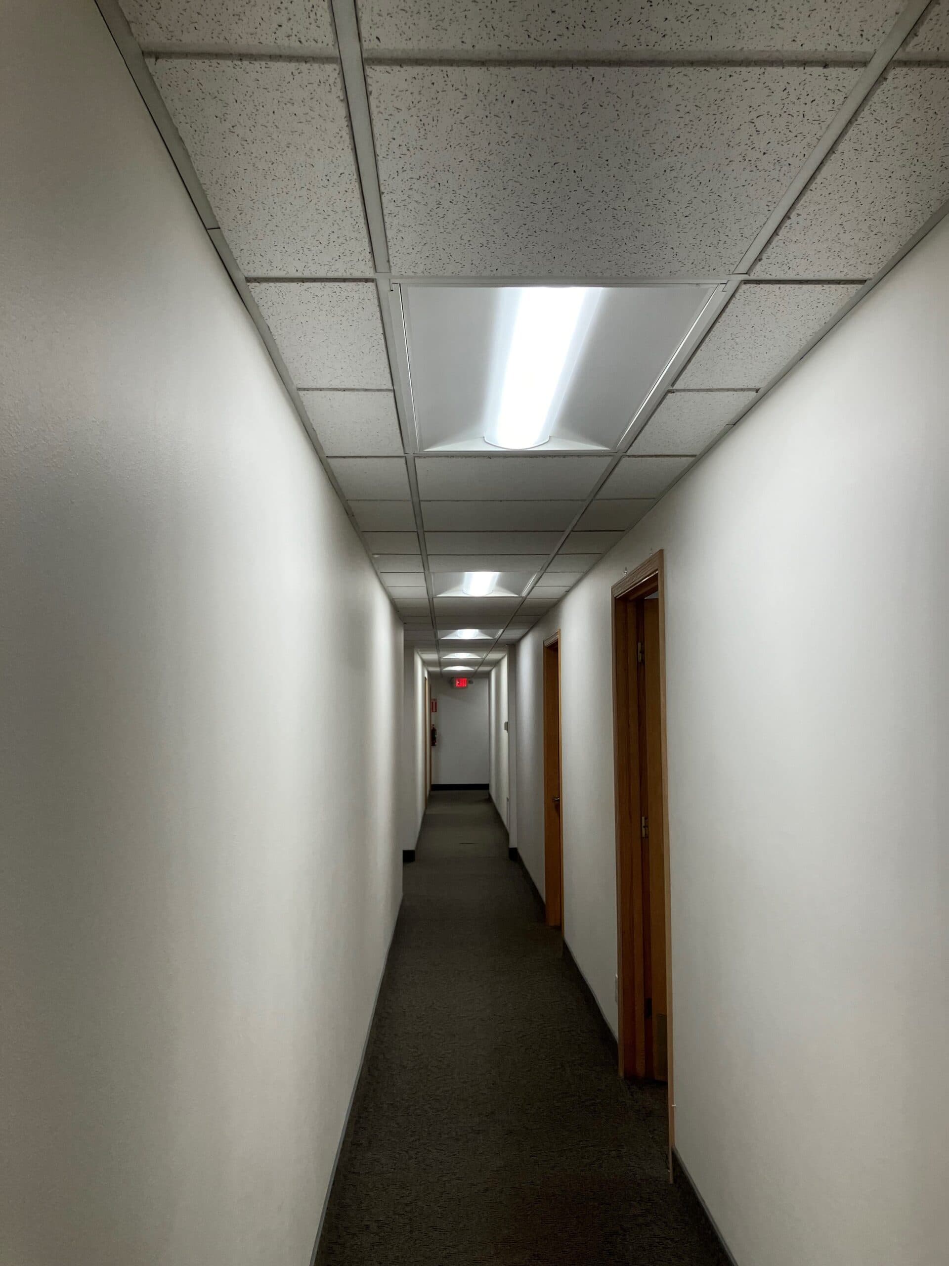 LED ceiling lighting installed in an office corridor