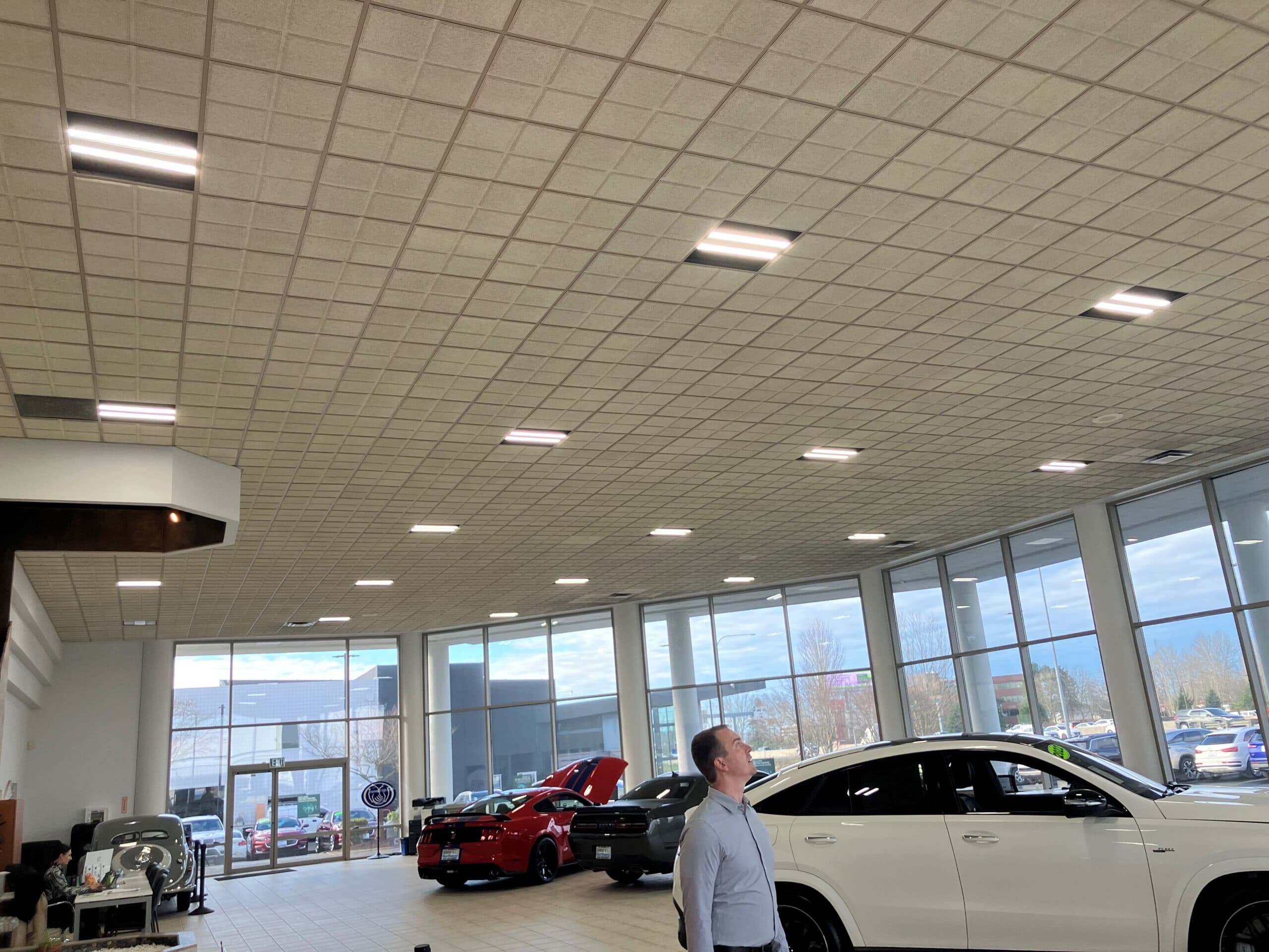 Ceiling-mounted LED panels lighting a car dealership showroom